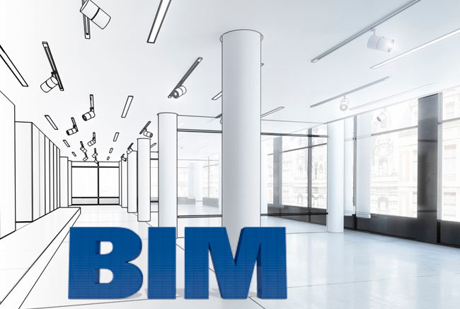 Building Information Modeling (BIM) lettering in an empty hallway, half drawn, half real, with pillars